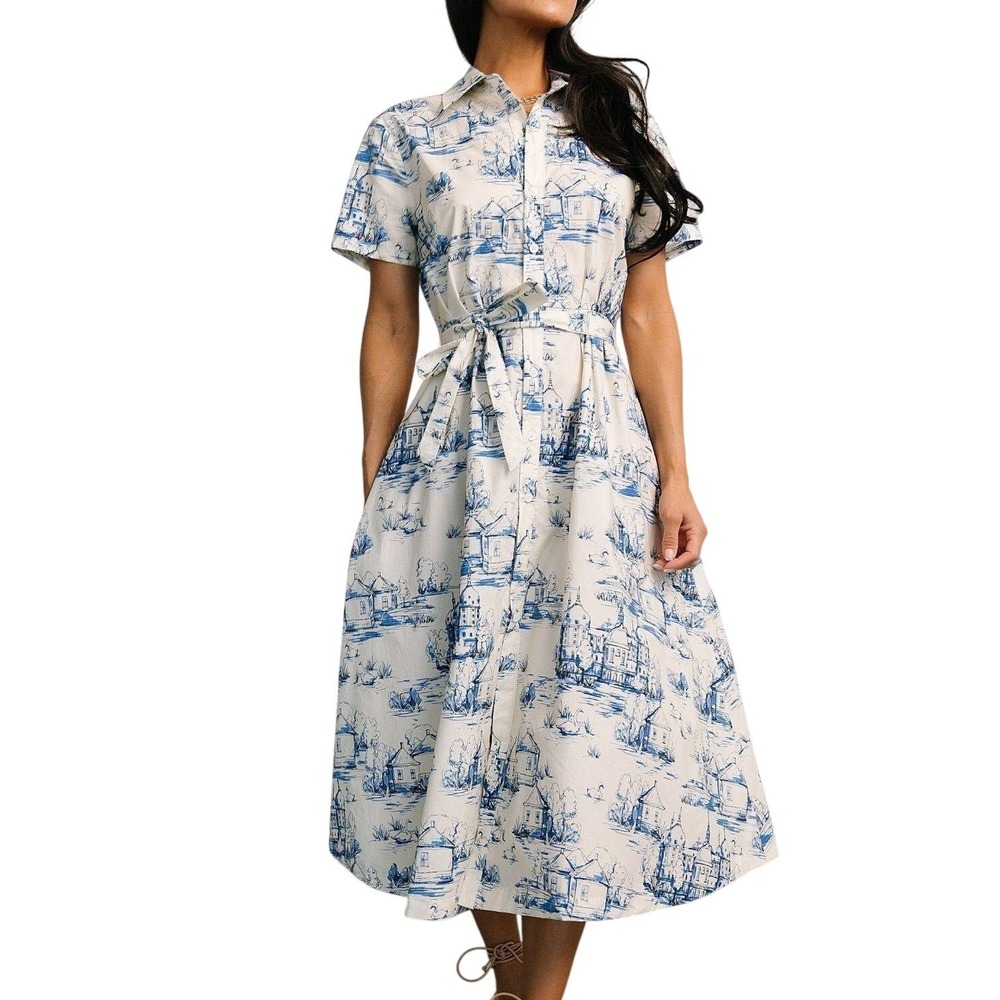 Baltic Born Layne Midi Dress Womens Large Blue White Cotton Belted Short Sleeve